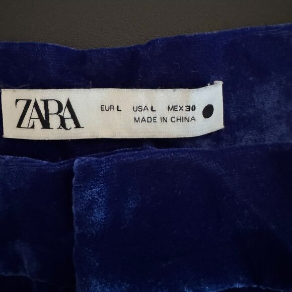 Zara Electric Blue Velvet High Rise Wide Leg Trouser Pants, Size Large - Picture 3 of 7